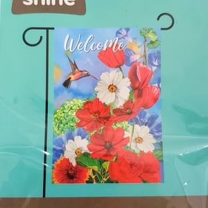 Rain or Shine Welcome small garden flag 12.5" x 18" hummingbird and flowers
